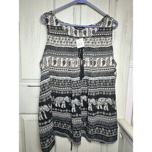 Hint Of Blush Plus Size 2X Sleeveless Blouse Beige Black Elephants Paisleys